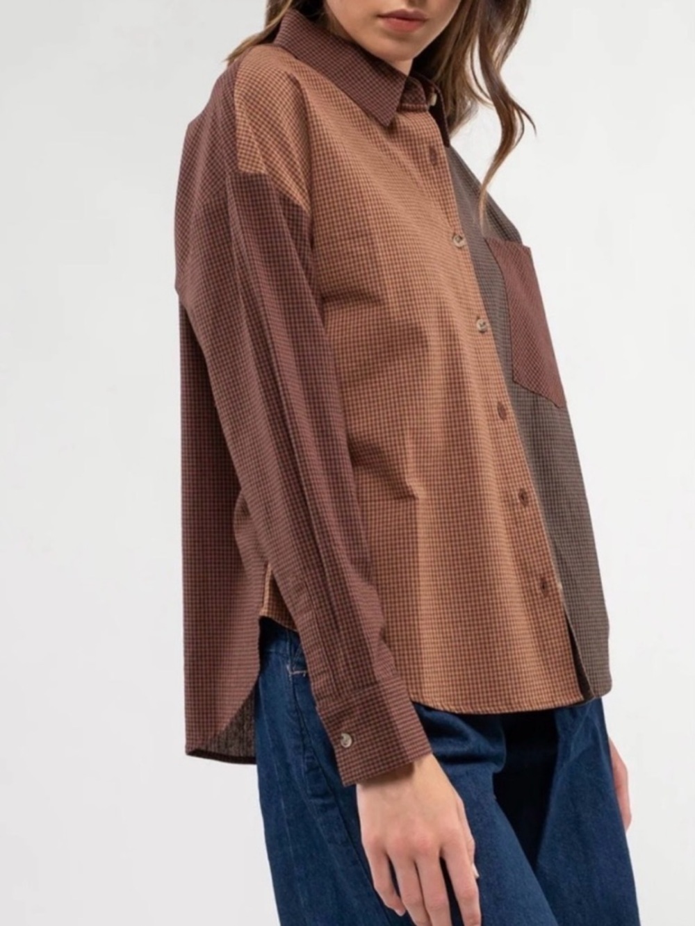 Blu Pepper Brown and Tan Plaid Color Block Button Down oversized small NWT - Picture 3 of 13